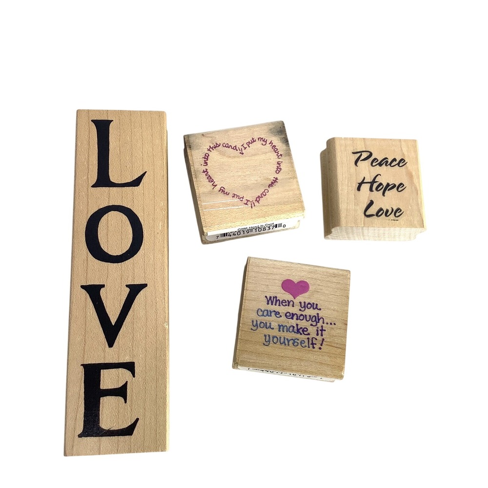 Lot of 4 Rubber‎ Stamps Hearts Valentine Peace Hope Love Heart in Card Care